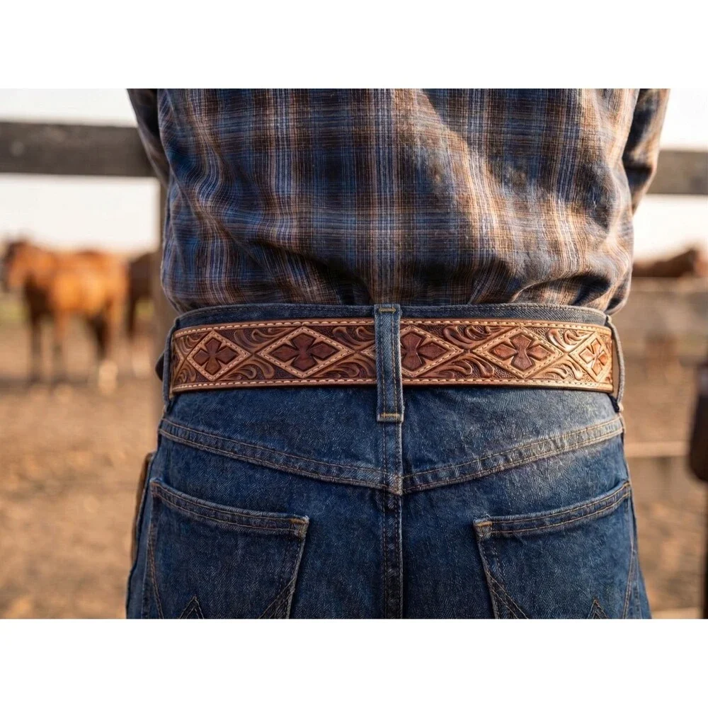 Ranger Belt Co BT1299 Western 2 Tone Leather Belt Diamond Clover Tooled Size 44